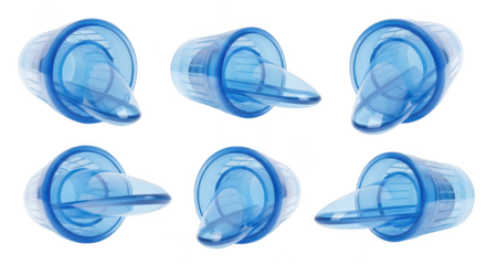 Six views of a translucent blue medical device isolated against a clean white background for health and science applications