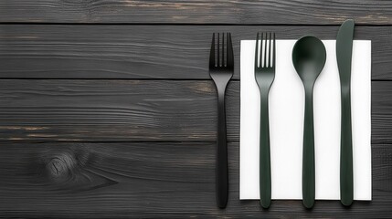 Elegant arrangement of dark utensils including a fork, spoon, and knife positioned on a white napkin on a rustic wooden table