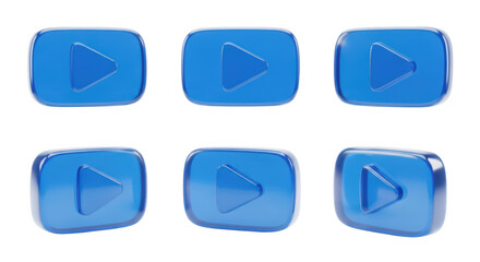 Six blue transparent play button icons arranged on a white surface representing media playback and online content consumption