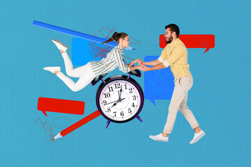 Pop zine full art photo collage of two happy girl guy business partners stand alarm clock deadline limit expire arrow development