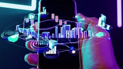 Digital analysis of the smartphone. A hand holds a smartphone which is analyzed by various data diagrams - Powered by Adobe