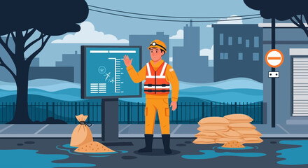 Emergency Worker Overseeing Flood With Monitor And Sandbags On Street