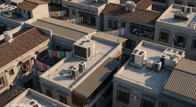 Aerial view of rooftops in residential neighborhood with laundry hanging, air conditioning units, and architectural details during daytime in an Urban area aerial, view, buildings, residential, neigh