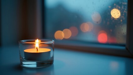 Candlelight Glow by Rainy Window on a Quiet Evening