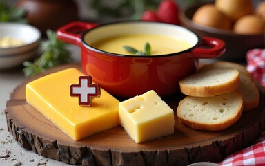 Rustic wooden platter with Swiss cheese fondue and bread, Swiss cross pin; celebrating Swiss National Day with alpine charm. High quality