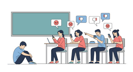 Students mocking and bullying a solitary student in a classroom setting through digital communication