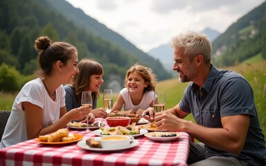 Swiss National Day. A family picnic in the Alps, with red and white checkered tablecloth and traditional Swiss foods like raclette and fondue. High quality