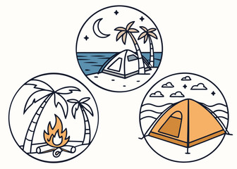 Icon Set Inspired by Beach Camping with Tents, Campfire, Palm Trees, Ocean, Moon, and Stars