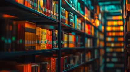 Shelves Filled With Colorful Books in Dimly Lit Library
