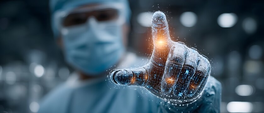 A medical professional in scrubs and a mask interacts with digital holograms, blending technology and healthcare in a futuristic setting.