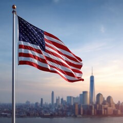 American flag flying high above a city skyline--a --v 7 Job ID: 555af261-b7fc-418f-969a-3df3f3e90484
