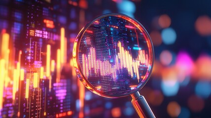 Magnifying glass hovering over glowing stock market chart, revealing digital data landscape and financial analysis insights against high tech background