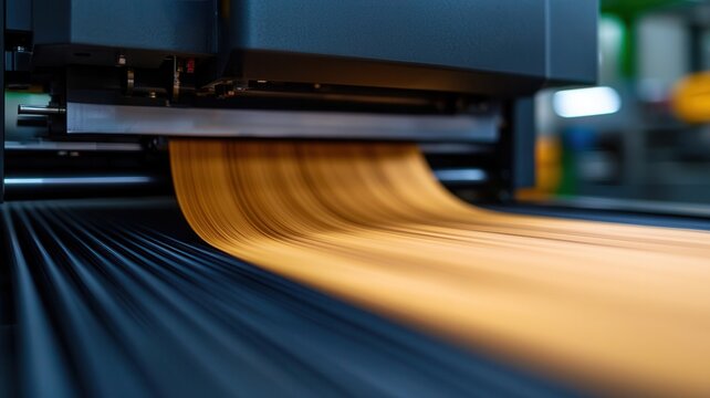 Industrial printing machine printing colorful photos on vinyl sheets in typography or print shop