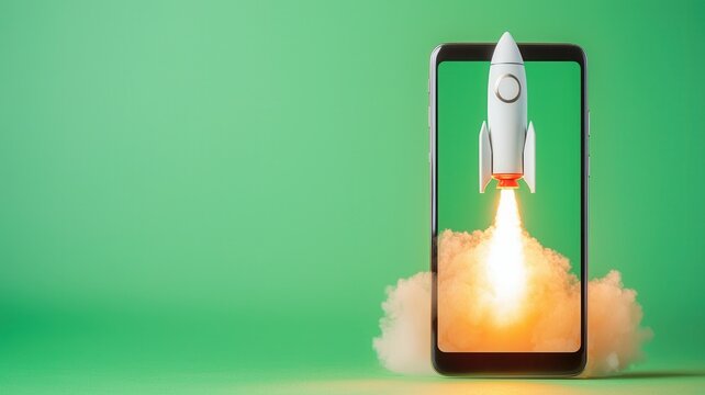 Startup concept with rocket launching from smartphone screen surrounded by smoke on green background
