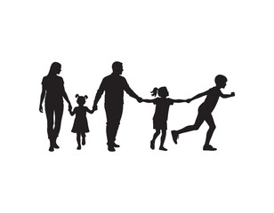  family silhouettes featuring parents with children walking hand in hand, symbolizing love, unity, support, and the bond of parenthood and childhood.