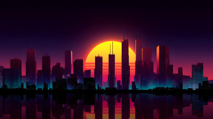 Sunset Skyline: A stunning cityscape silhouette against a vibrant sunset sky reflects the urban splendor on the tranquil water surface, with a touch of digital artwork