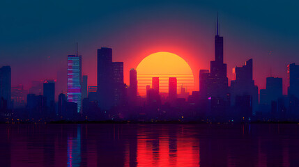 Fototapeta premium Urban Sunset: A modern cityscape stands silhouetted against a vibrant sunset, with its buildings reflected in the tranquil water below.