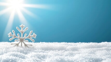 Shimmering golden snowflake ornament resting on snowy surface, surrounded by soft focus snowflakes and glowing sunset lights, evoking winter wonderland mood