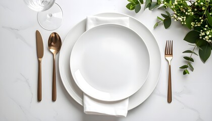 Top view of an elegant table setting with white plates, golden cutlery, napkin, wine glass, and green floral decoration on a white marble surface, perfect for luxury dining themes.
