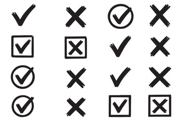 Check tick mark icon set. Cross box x check mark checkbox v list vector draw hand drawn sketch doodle brush marker checklist symbol wrong right circle. Vector Illustration © Mr. 786