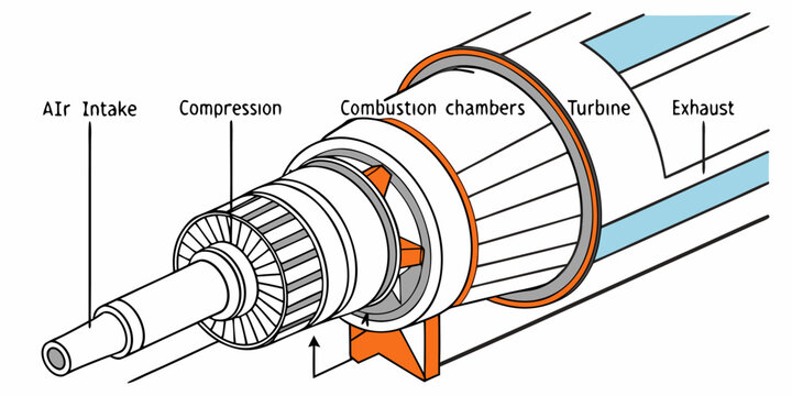 Labeled infographic diagram of jet engine process including intake, compression, combustion, and exhaust stages, visually explaining how jet propulsion works.
