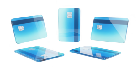 Transparent credit cards displayed on a white background with soft lighting for financial concepts and digital payment illustrations