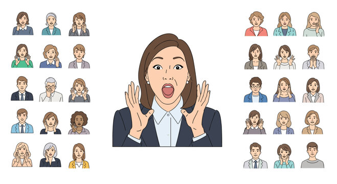 A person making funny faces surrounded by different pixelated human faces expressing various emotions and moods