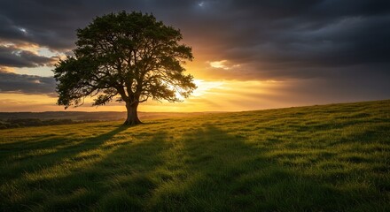 Fototapeta premium Stunning sunset over rolling hills with silhouette of majestic tree casting long shadows on grassy field