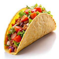 A delicious taco filled with seasoned ground meat, fresh lettuce, tomatoes, and cilantro, isolated on white background