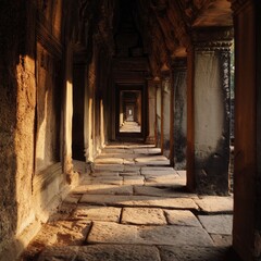 Fototapeta premium Ancient stone corridor of Angkor Wat lit by soft sunlight