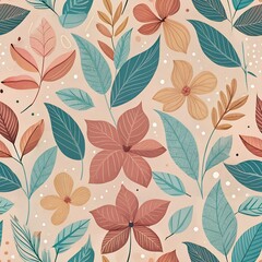 Floral pattern with stylized flowers and leaves in shades of coral, teal, and beige creating a seamless botanical design on a neutral background  pattern, seamless, flowers, leaves, botanical, design,