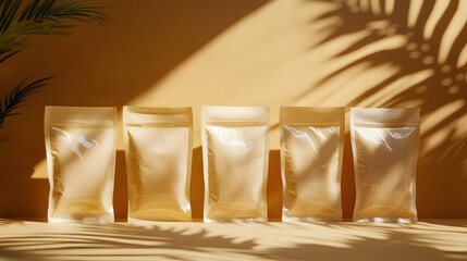 Elegant Product Packaging in Tropical Shade: A line of transparent product pouches, elegantly illuminated by natural light.