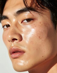 Fototapeta premium 日本人, 超リアル, 美しい, 若い男性, 顔, クローズアップ, 欠点のない肌, 輝く肌質, ナチュラルメイク, 柔らかなライティング, 美容CM風, シネマティック, カメラ目線, 高解像度,Japanese, ultra-realistic, beautiful, young man, face, close-up, flawless skin, glowing complexion