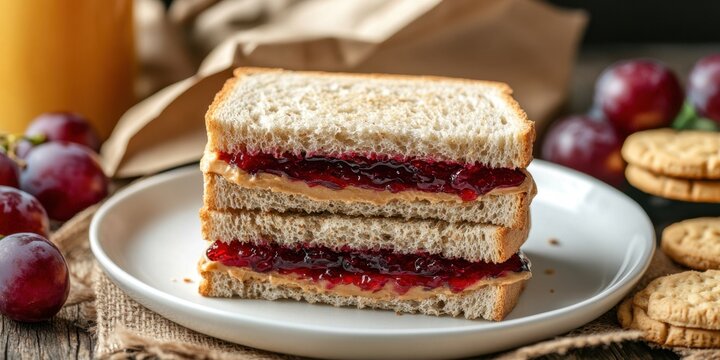 Classic peanut butter and jelly sandwich with grape and cookie sides