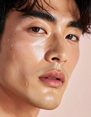 Fototapeta premium 日本人, 超リアル, 美しい, 若い男性, 顔, クローズアップ, 欠点のない肌, 輝く肌質, ナチュラルメイク, 柔らかなライティング, 美容CM風, シネマティック, カメラ目線, 高解像度,Japanese, ultra-realistic, beautiful, young man, face, close-up, flawless skin, glowing complexion