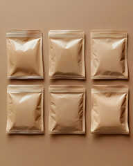 Product Packages in Uniform: A symmetrical arrangement of sealed packages, presented in a studio-quality shot. The focus is on the seamless design and texture of each individual package. 