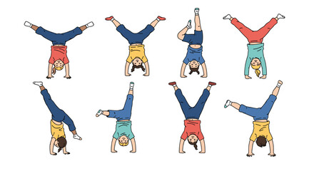 Creative kids performing dynamic acrobatics and cartwheels displaying excellent balance and athleticism