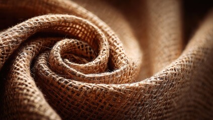 Fototapeta premium Close-up of a swirled, textured, light brown burlap fabric with a visible weave, exhibiting depth and shadow play