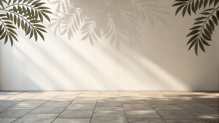 Sunlight patterns on a textured wall and stone floor with leafy shadows