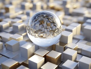 Glass sphere hovering over metallic gold and silver cubes in abstract scene