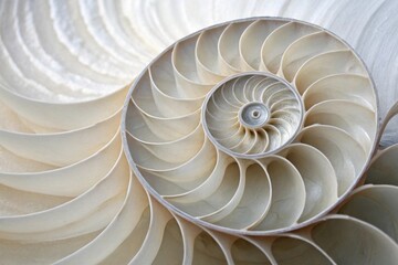 Obraz premium Spiral nautilus shell close-up displaying nature's intricate geometry for artistic inspiration