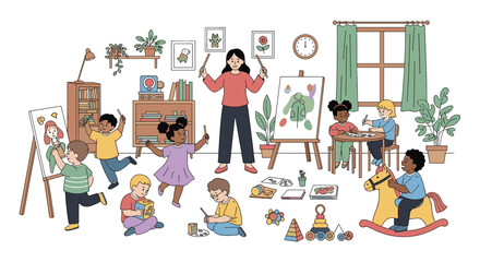 Celebrating creative explorations and joyful learning with young students in a vibrant classroom setting