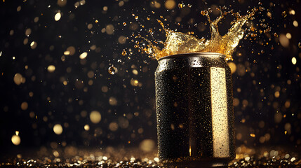 Sparkling beverage explosion: Captivating image of refreshing drink bursting from a sleek can, showcasing dynamic energy in a moment of effervescent joy.