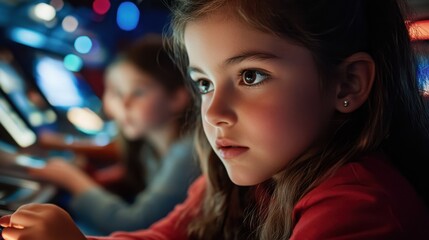 Fototapeta premium Young caucasian girls engaged in arcade games at night