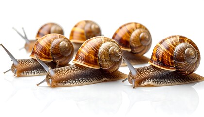 Snails in a row on a white background