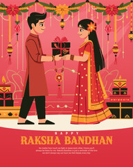 Traditional Raksha Bandhan Illustration &ndash; Brother and Sister Celebrating Rakhi with Love and Festive Elements