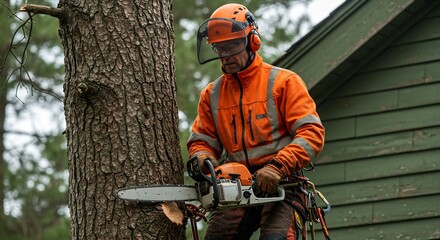 Professional Arborist in Safety Gear Using Chainsaw to Cut a Tree Branch Outdoors