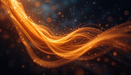 Luminous golden waves intertwine against a dark backdrop adorned with bokeh and scattered particles
