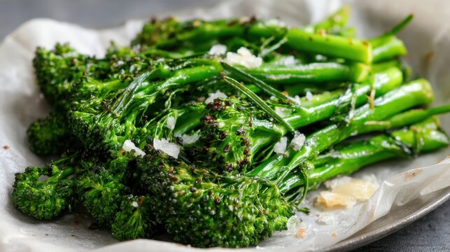 Roasted broccoli rabe with sea salt and garlic on parchment paper