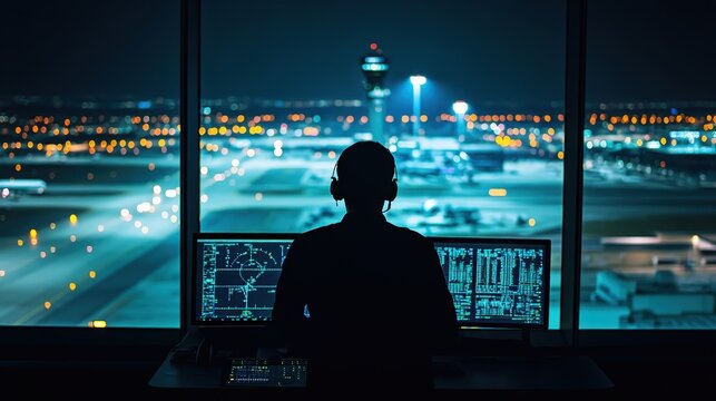 An air traffic controller silhouetted at night, monitors glowing radar screens while planes taxi on a brightly lit runway in the background